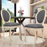 2 Pcs French Dining Chair Linen Fabric Upholstered Farmhouse Chairs with Oval Backrest, Vintage Solid Wood